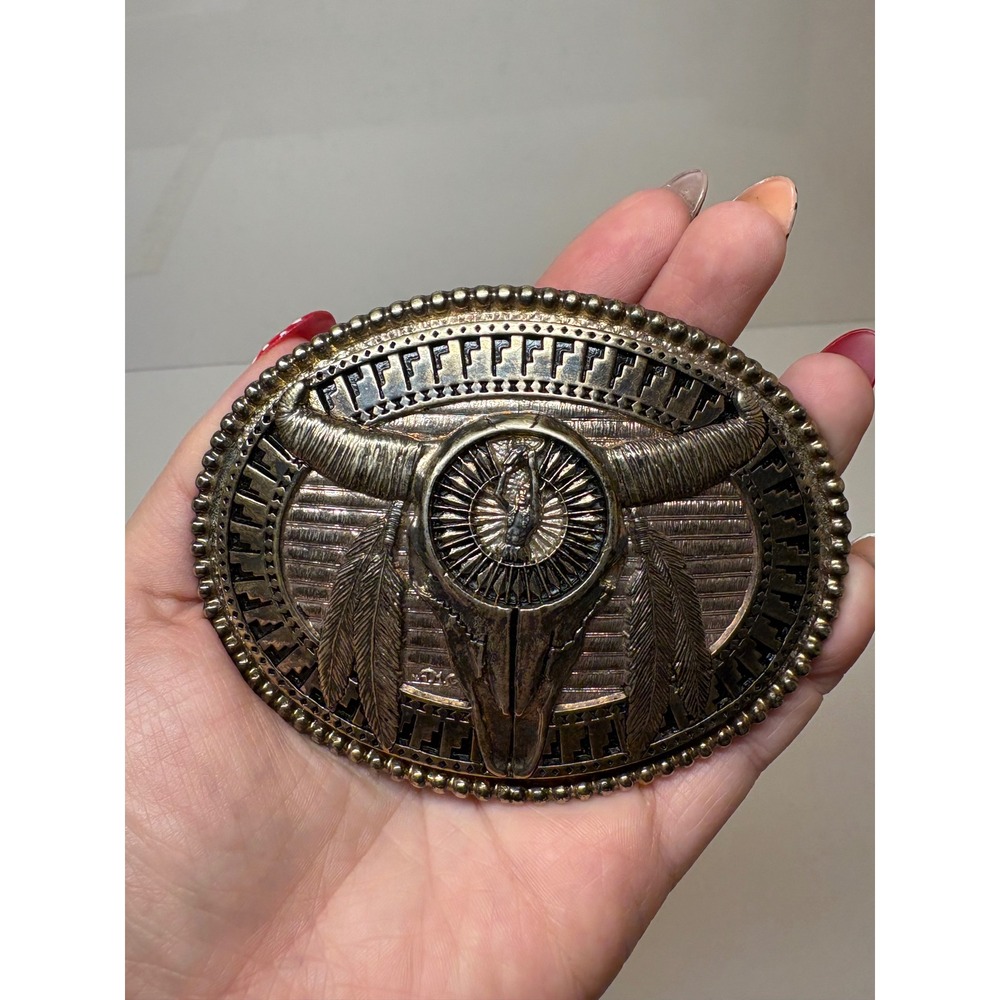 Vintage DG Western Steer Skull Feather Bronze Tone Oval Belt Buckle